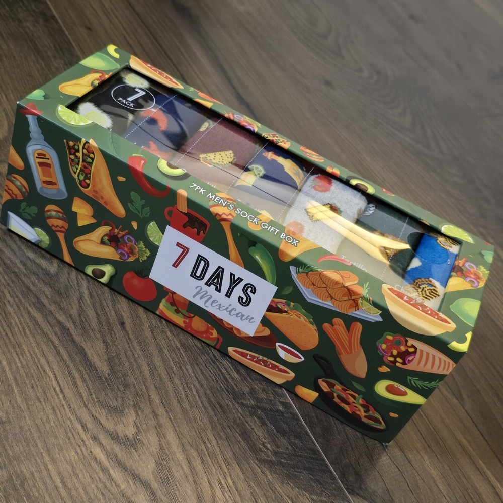 7 days by Orrsum Men's Sock Gift Box, Mexican Food Theme, Size 8-12, New, 7 pair